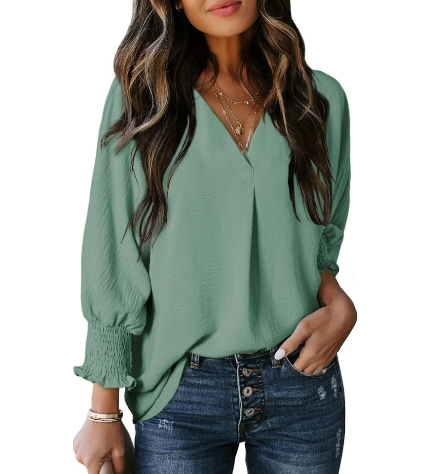 Women's Tight Loose Top V Neck Casual Loose Cropped Sleeve Shirt