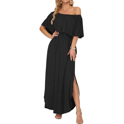 Women's Off The Shoulder Dress Wedding Guest Dress Summer Casual Long Ruffle Party Side Split Beach Maxi Dresses