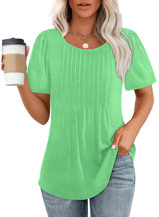 Hot Sale-Women's Short Sleeve Pleated Dressy Casual Scooped Neck Tops