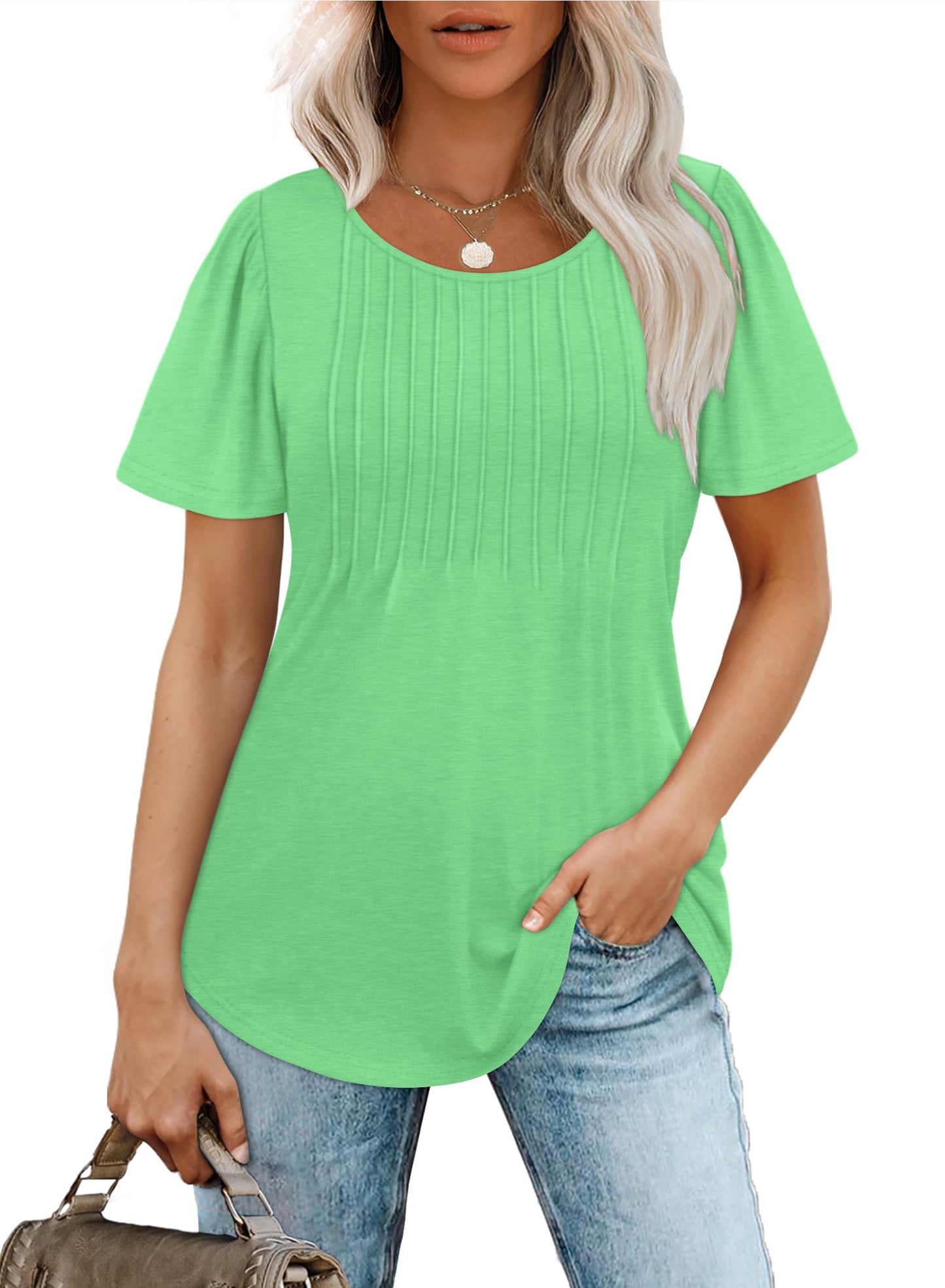 Hot Sale-Women's Short Sleeve Pleated Dressy Casual Scooped Neck Tops