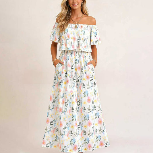 Women's Off The Shoulder Dress Wedding Guest Dress Summer Casual Long Ruffle Party Side Split Beach Maxi Dresses