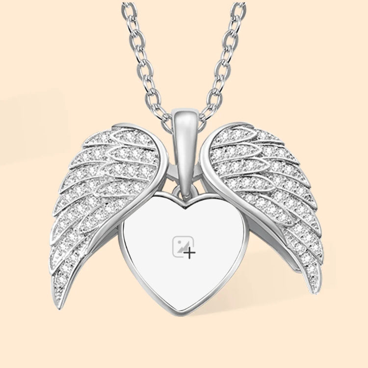 Personalized Cubic Zircon Heart Shape Angel Wing Photo Locket Necklace Anniversary Birthday Gift