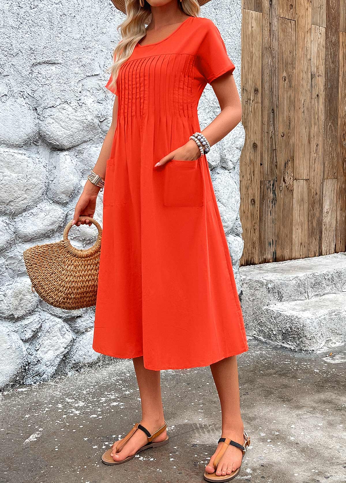 Stitch Short Sleeve Round Neck Dress