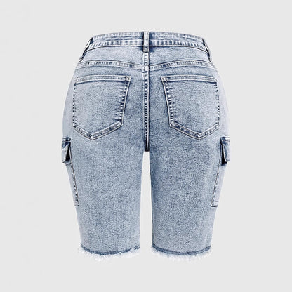 High Rise Jean Shorts Flat Flap Pocket Frayed Raw Hem Denim Shorts Bermuda Shorts