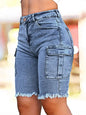 High Rise Jean Shorts Flat Flap Pocket Frayed Raw Hem Denim Shorts Bermuda Shorts