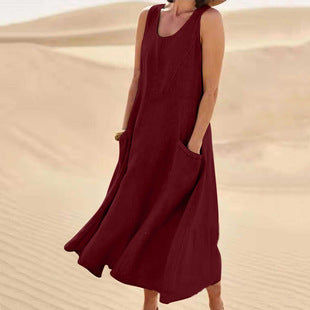 Last Day 49% OFF Women Cotton Linen Sundress Summer Sleeveless Loose Pocket Long Dress Buy 2 Get Free Shipping Today