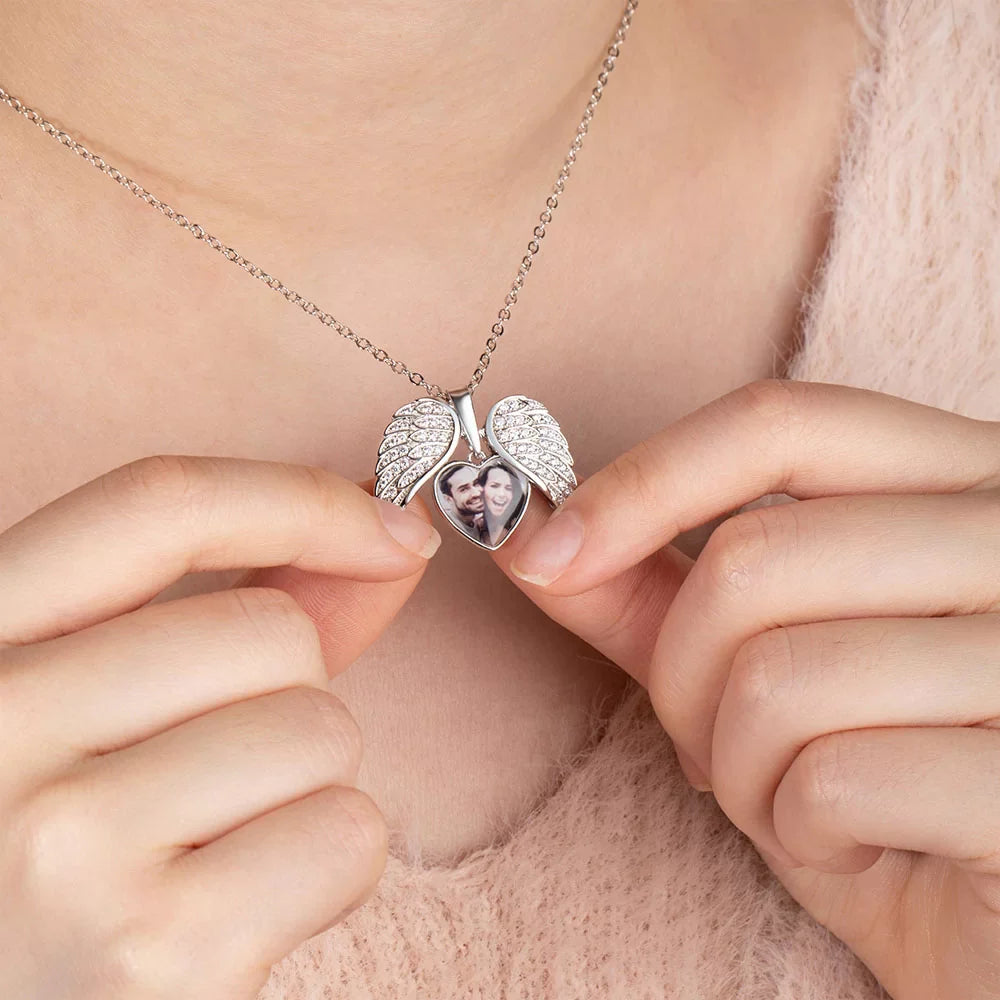 Personalized Cubic Zircon Heart Shape Angel Wing Photo Locket Necklace Anniversary Birthday Gift