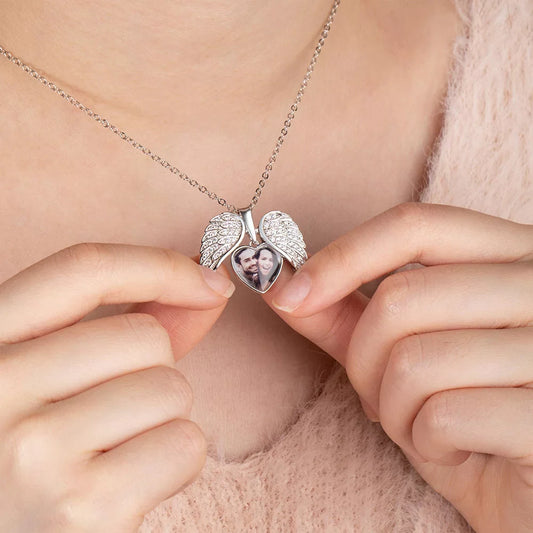 Personalized Cubic Zircon Heart Shape Angel Wing Photo Locket Necklace Anniversary Birthday Gift