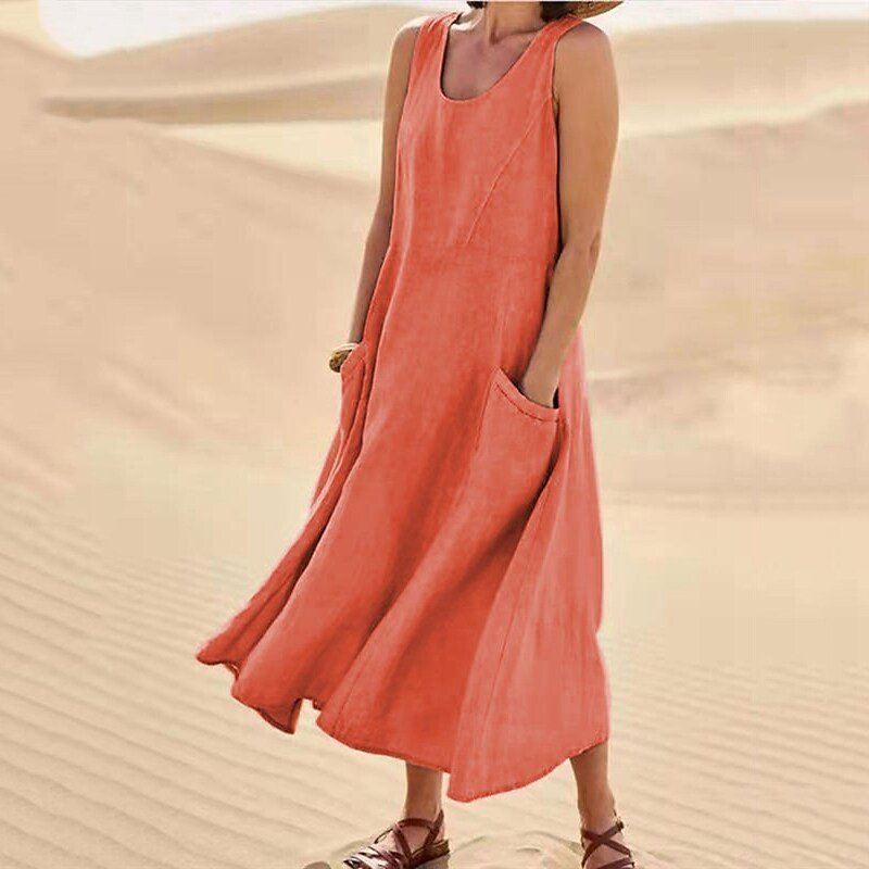 Last Day 49% OFF Women Cotton Linen Sundress Summer Sleeveless Loose Pocket Long Dress Buy 2 Get Free Shipping Today