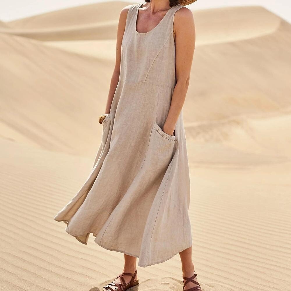 Last Day 49% OFF Women Cotton Linen Sundress Summer Sleeveless Loose Pocket Long Dress Buy 2 Get Free Shipping Today