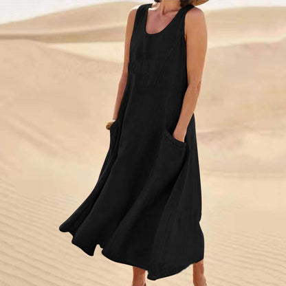 Last Day 49% OFF Women Cotton Linen Sundress Summer Sleeveless Loose Pocket Long Dress Buy 2 Get Free Shipping Today