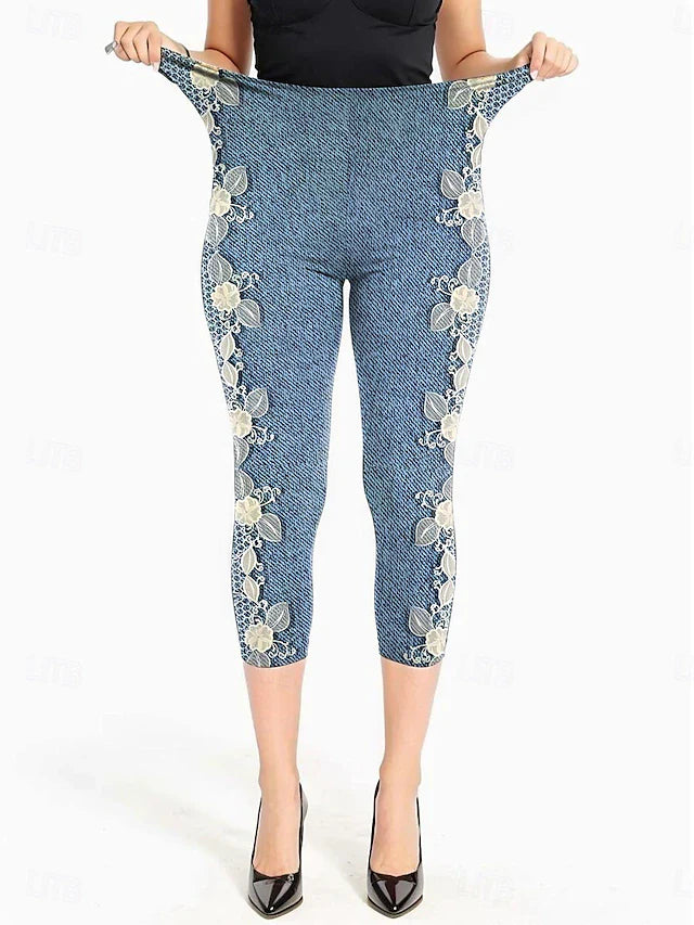 Women's Jean Capris Stretch Lace Leggings for Women Sexy Skinny Jeans Plus Size High Waist Denim Cropped Slim Pants