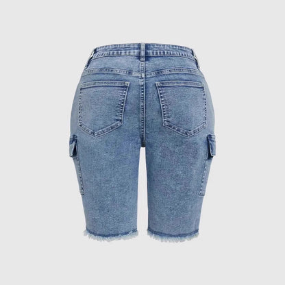 High Rise Jean Shorts Flat Flap Pocket Frayed Raw Hem Denim Shorts Bermuda Shorts