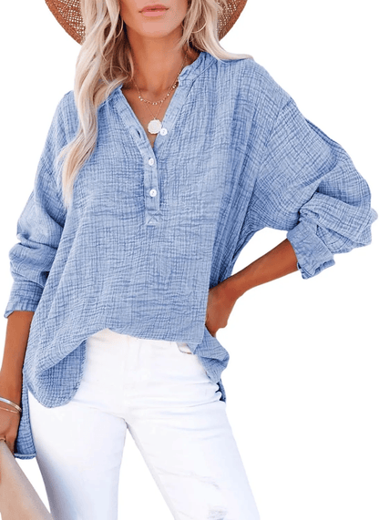Womens Casual Gauze Button Neck Long Sleeve Oversized Blouses Tops