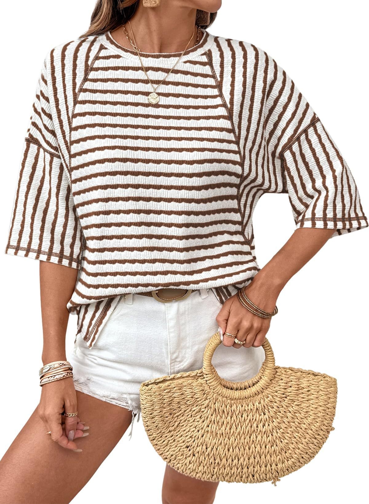 Women's Oversized Striped Color Block Summer T-Shirt