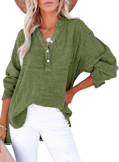 Womens Casual Gauze Button Neck Long Sleeve Oversized Blouses Tops