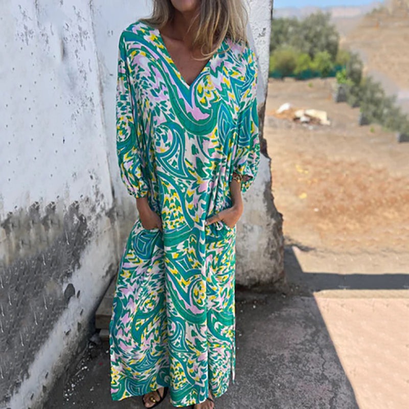 Bohemian V-Neck Abstract Printed Maxi Dress
