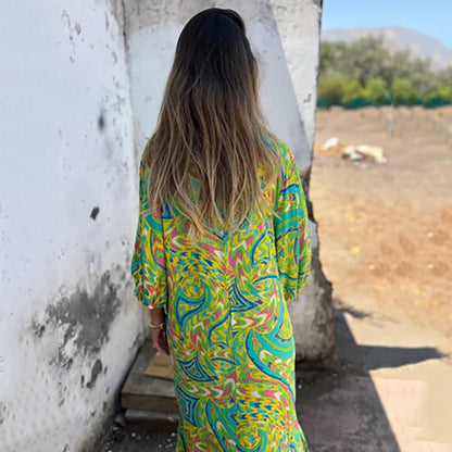 Bohemian V-Neck Abstract Printed Maxi Dress