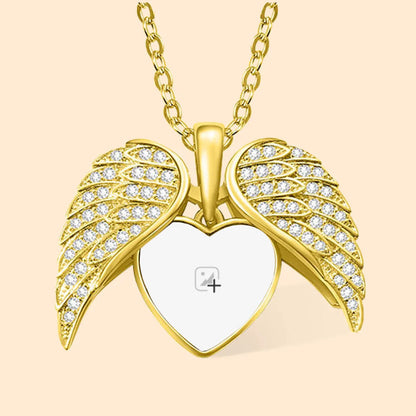 Personalized Cubic Zircon Heart Shape Angel Wing Photo Locket Necklace Anniversary Birthday Gift