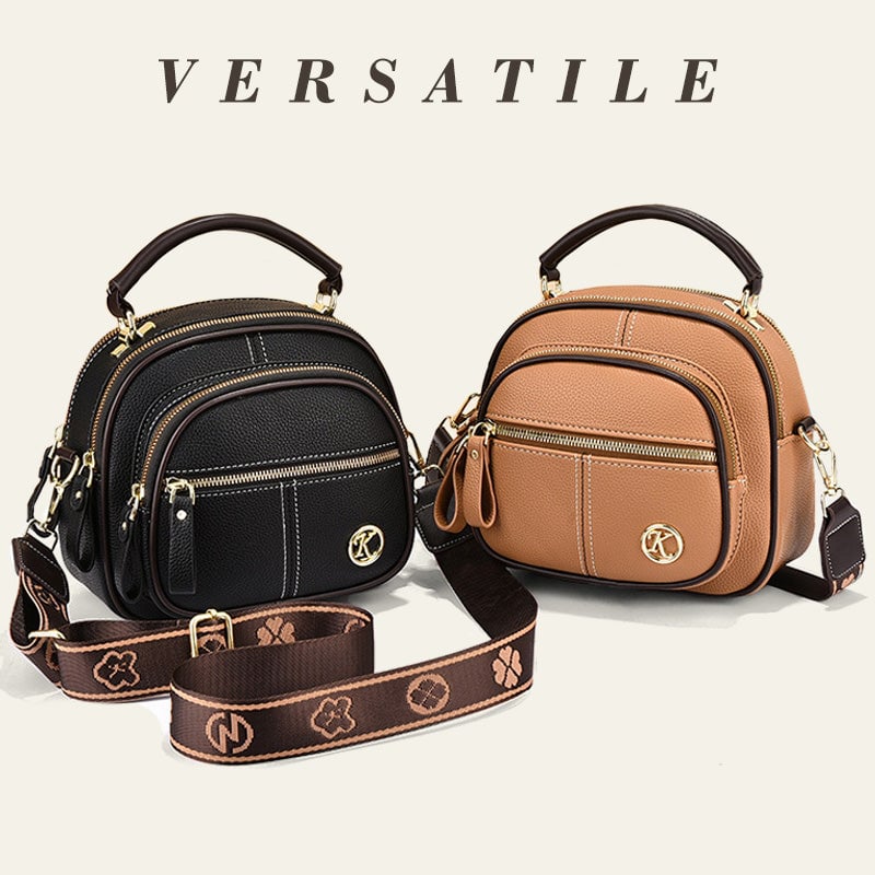 Classic Leather Crossbody Bag with Multifunctional Compartments & Adjustable Wide Strap