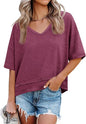 Women's V-neck Mid-length Sleeve Spliced Hem Basic Top