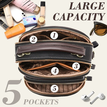 Classic Leather Crossbody Bag with Multifunctional Compartments & Adjustable Wide Strap