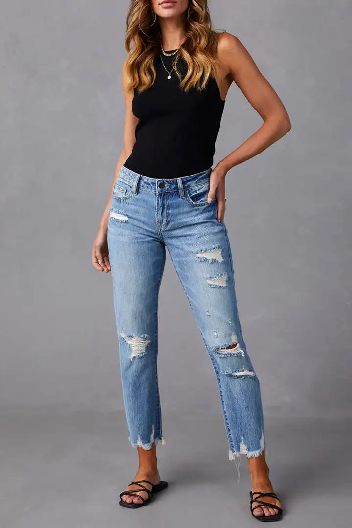 Wash Ripped Raw Hem Mid Rise Crop Jeans