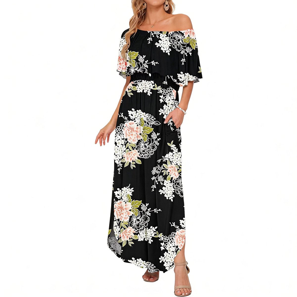 Women's Off The Shoulder Dress Wedding Guest Dress Summer Casual Long Ruffle Party Side Split Beach Maxi Dresses