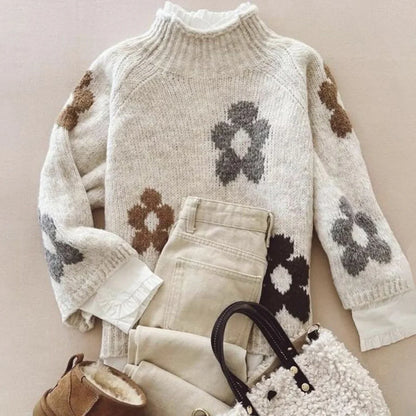 Retro Brown Mock Neck Long Sleeve Sweater