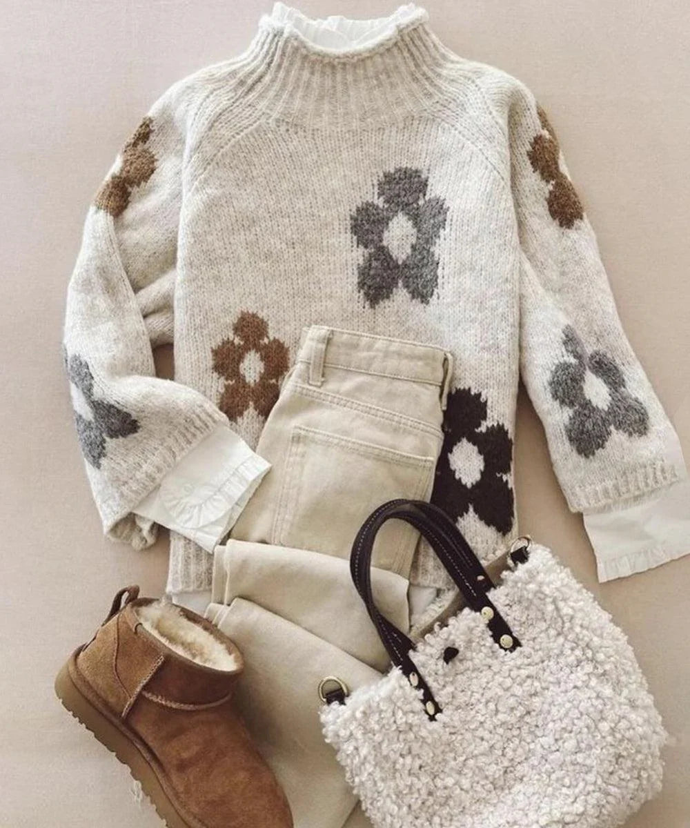 Retro Brown Mock Neck Long Sleeve Sweater