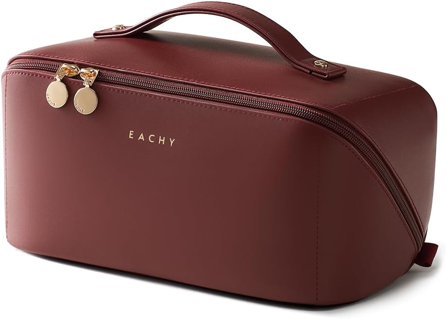 EACHY Travel Makeup Bag, Large Capacity Cosmetic Bag for Women, Waterproof PU Leather, Flat Open Portable Toiletry Bag for Skincare, Brushes & Travel Essentials