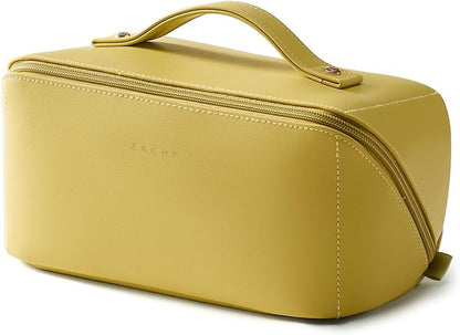 EACHY Travel Makeup Bag, Large Capacity Cosmetic Bag for Women, Waterproof PU Leather, Flat Open Portable Toiletry Bag for Skincare, Brushes & Travel Essentials