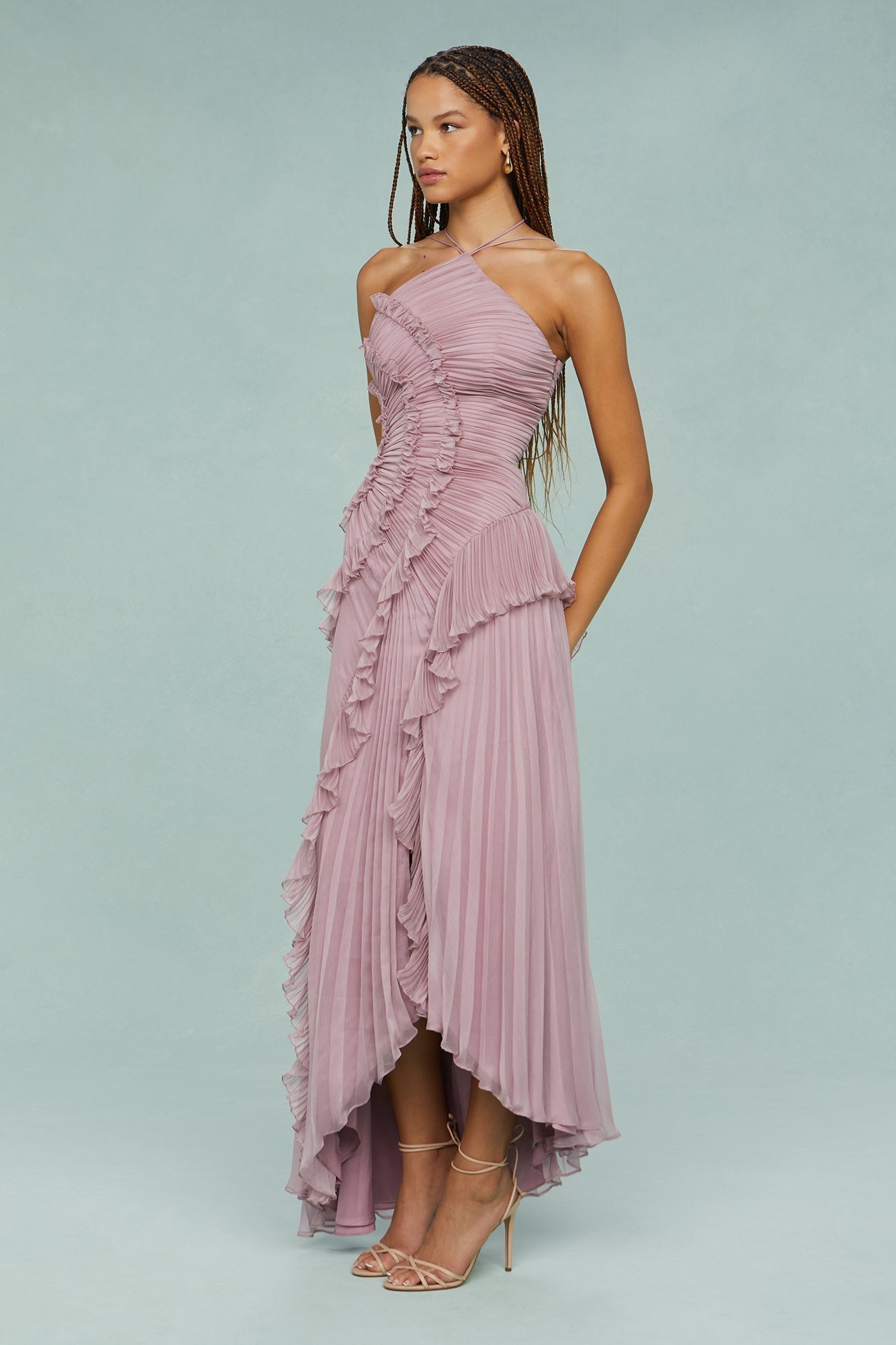 Party Asymmetric Pleated Halter Neck Dress