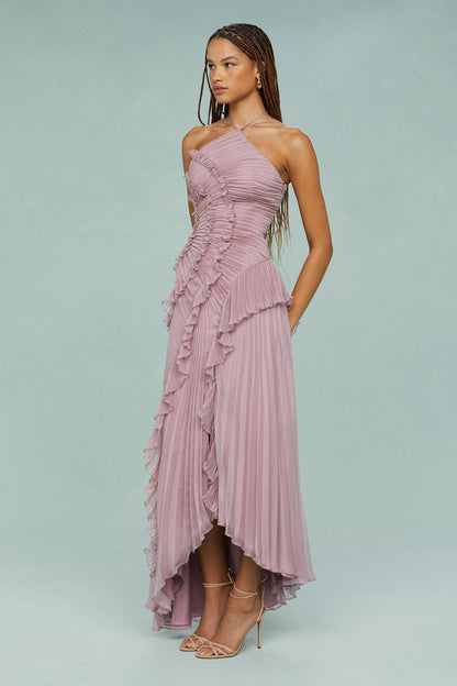 Party Asymmetric Pleated Halter Neck Dress