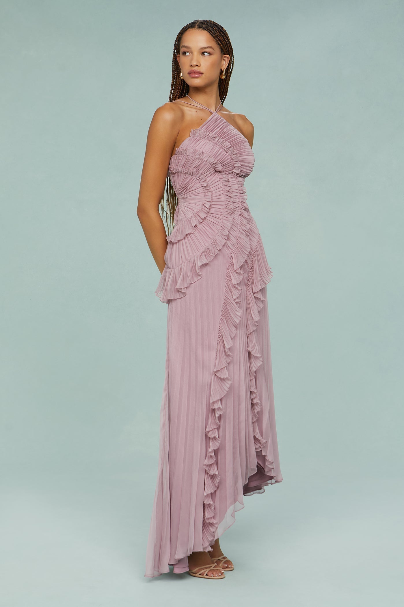 Party Asymmetric Pleated Halter Neck Dress