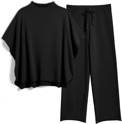 Women's 2-Piece Lounge Set – 3/4 Batwing Sleeve Capelet Top & Wide-Leg Pants