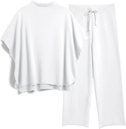 Women's 2-Piece Lounge Set – 3/4 Batwing Sleeve Capelet Top & Wide-Leg Pants