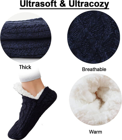 Koreshion Women Knitted Slipper Socks Cozy Sherpa Fuzzy Socks Non Slip Socks Winter Indoor Double Layer Bedroom Slipper Socks