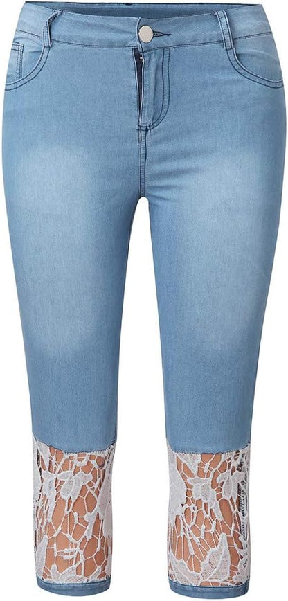 Women's Jean Capris Stretch Lace Leggings for Women Sexy Skinny Jeans Plus Size High Waist Denim Cropped Slim Pants