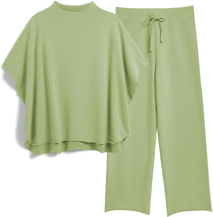 Women's 2-Piece Lounge Set – 3/4 Batwing Sleeve Capelet Top & Wide-Leg Pants