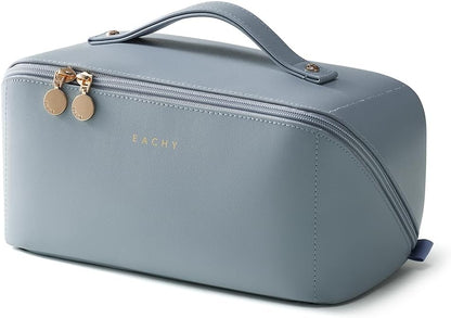 EACHY Travel Makeup Bag, Large Capacity Cosmetic Bag for Women, Waterproof PU Leather, Flat Open Portable Toiletry Bag for Skincare, Brushes & Travel Essentials