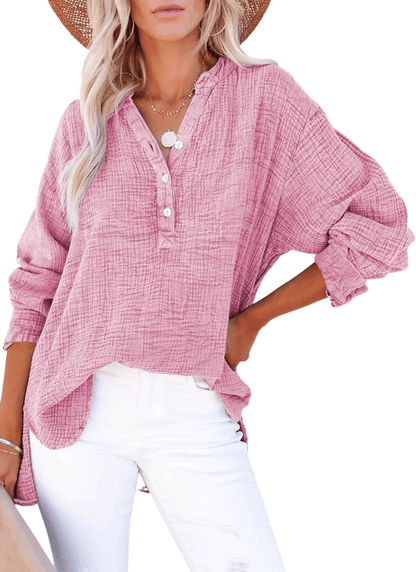 Womens Casual Gauze Button Neck Long Sleeve Oversized Blouses Tops