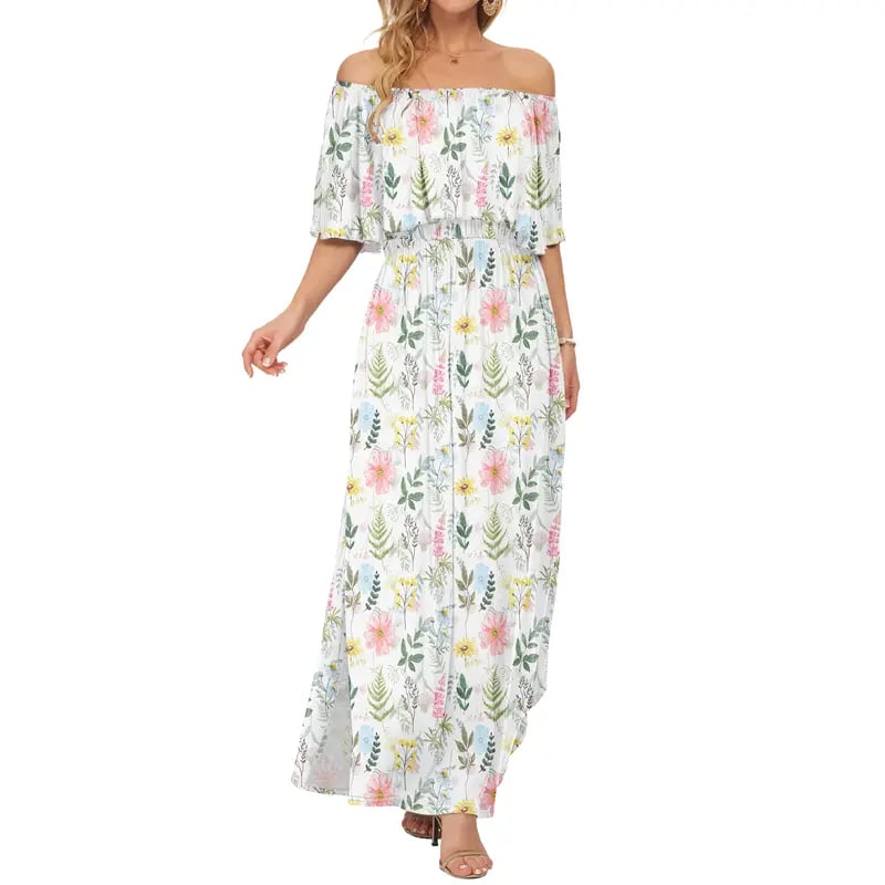 Women's Off The Shoulder Dress Wedding Guest Dress Summer Casual Long Ruffle Party Side Split Beach Maxi Dresses