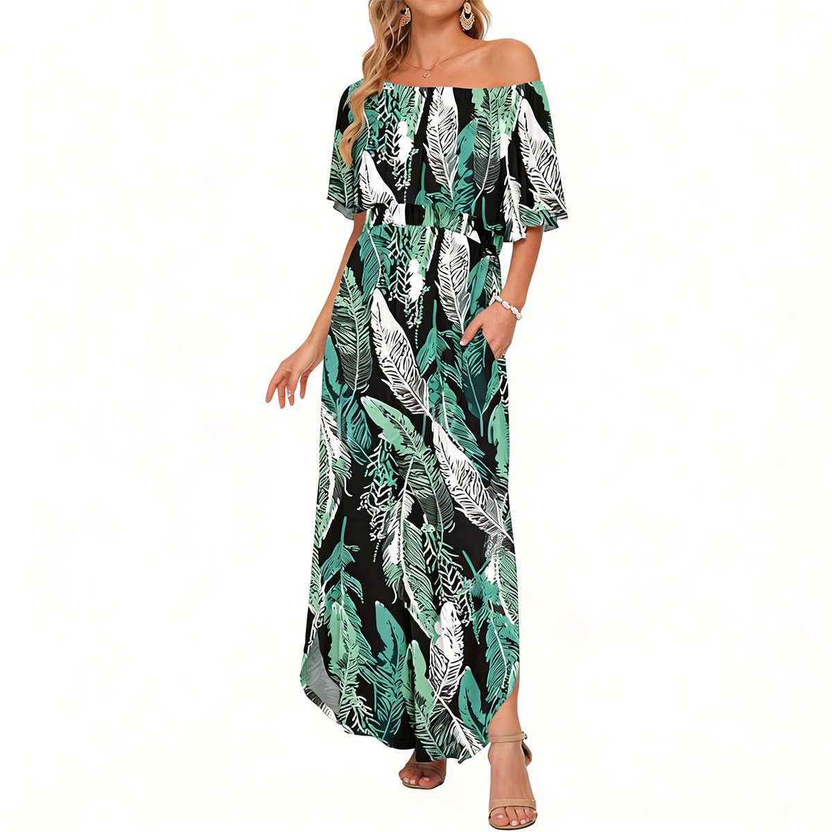 Women's Off The Shoulder Dress Wedding Guest Dress Summer Casual Long Ruffle Party Side Split Beach Maxi Dresses