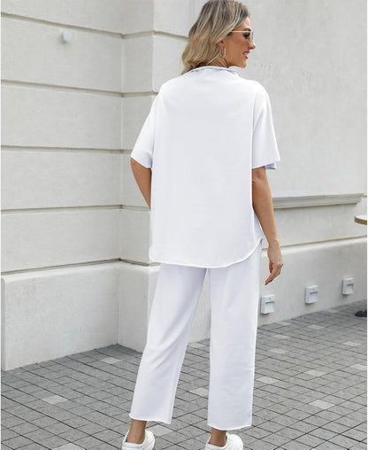 Women's 2-Piece Lounge Set – 3/4 Batwing Sleeve Capelet Top & Wide-Leg Pants