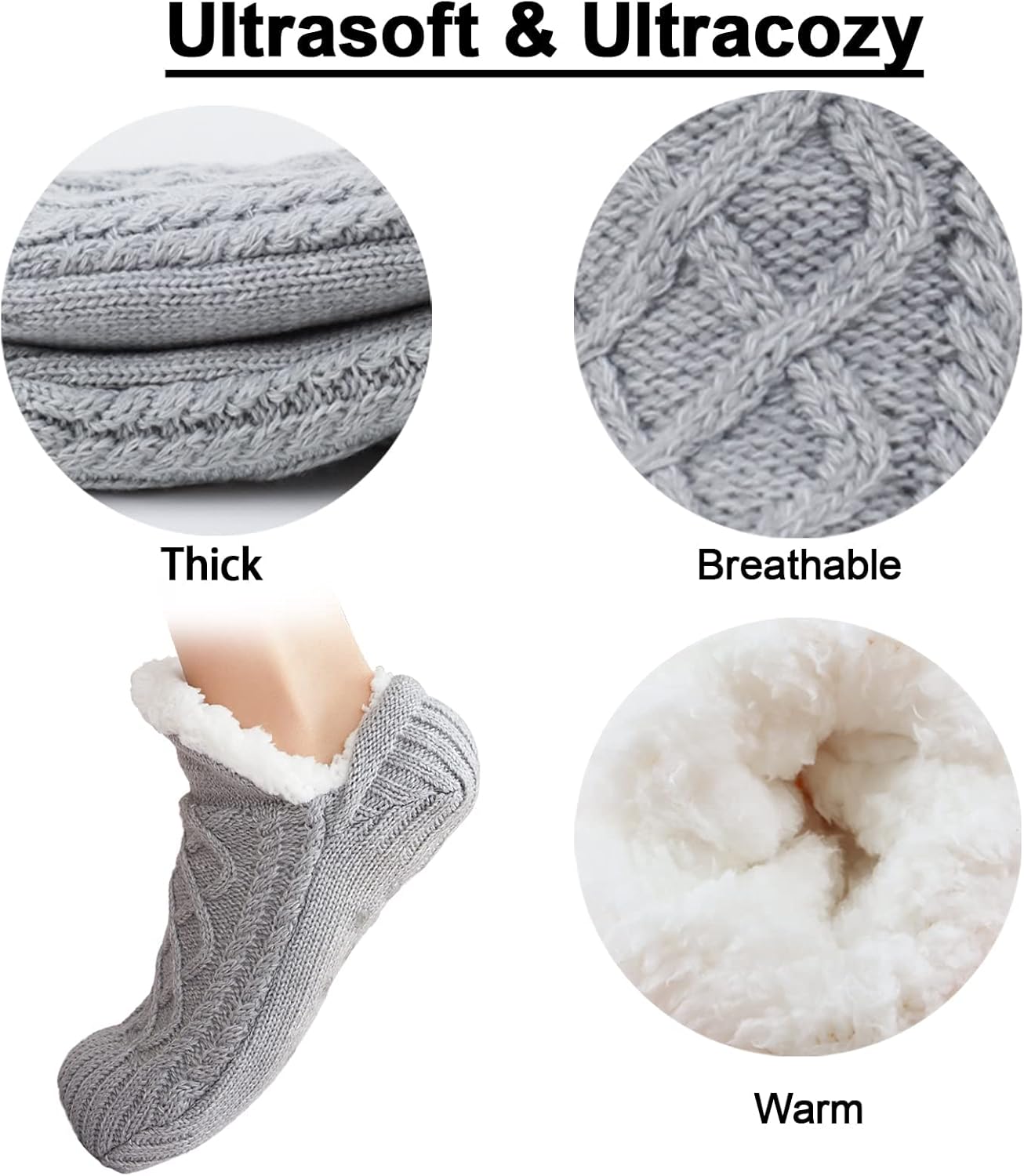 Koreshion Women Knitted Slipper Socks Cozy Sherpa Fuzzy Socks Non Slip Socks Winter Indoor Double Layer Bedroom Slipper Socks