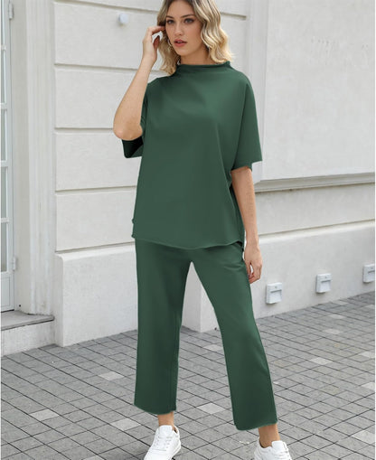 Women's 2-Piece Lounge Set – 3/4 Batwing Sleeve Capelet Top & Wide-Leg Pants