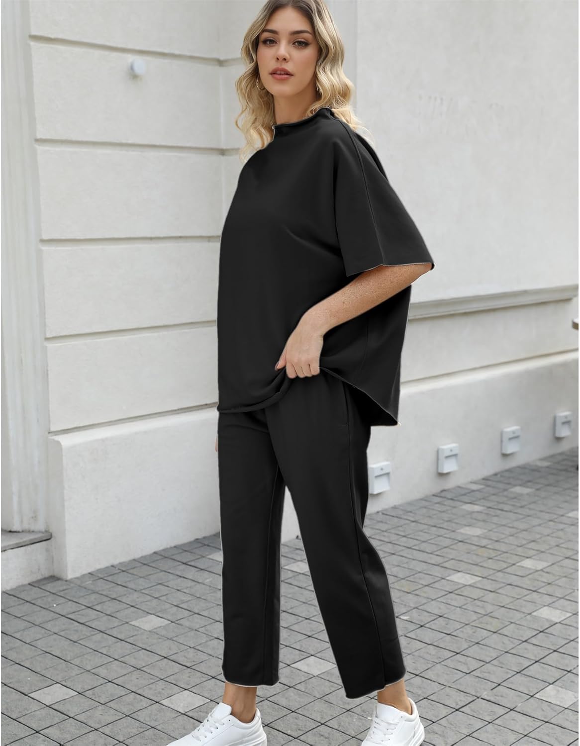Women's 2-Piece Lounge Set – 3/4 Batwing Sleeve Capelet Top & Wide-Leg Pants