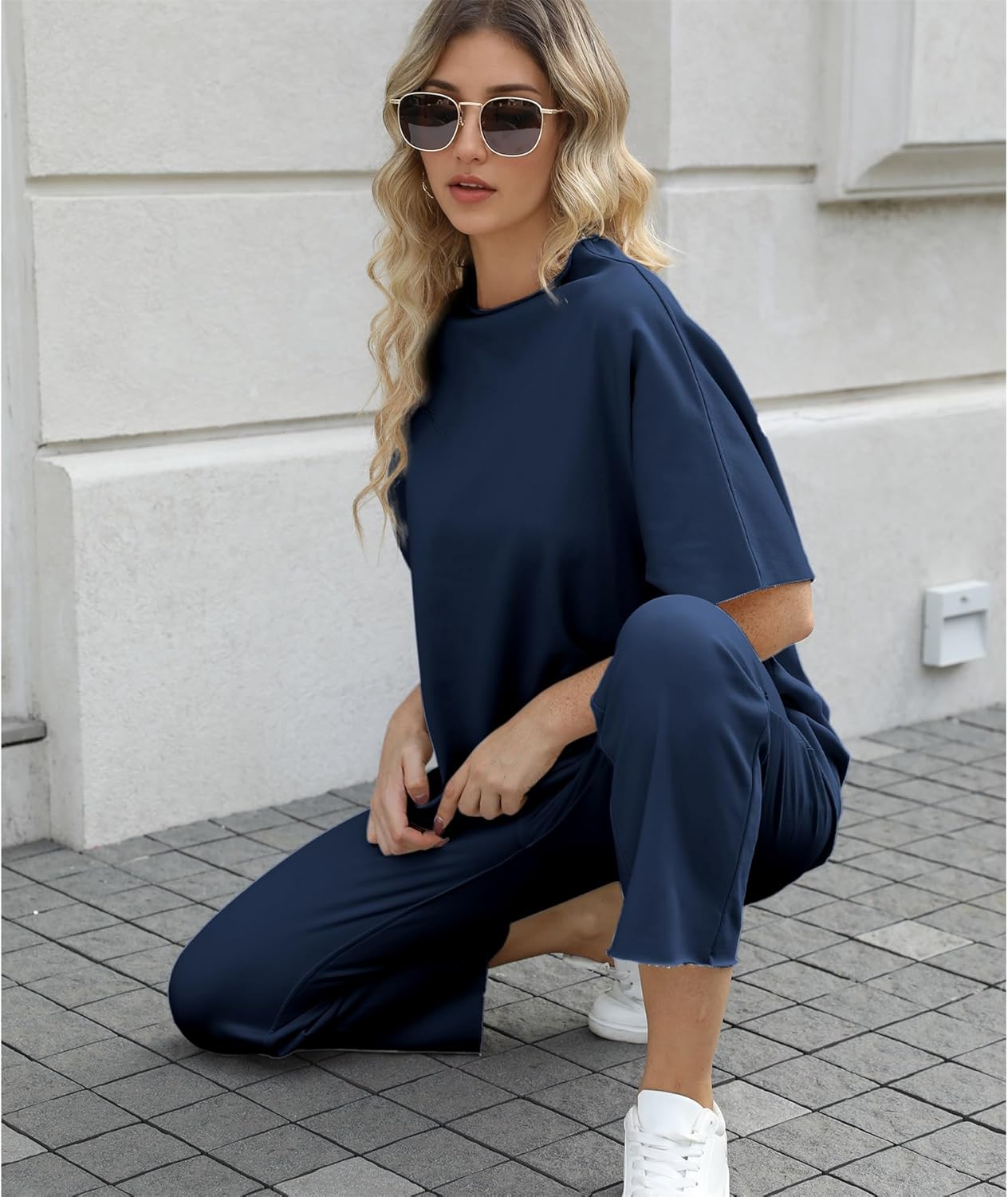 Women's 2-Piece Lounge Set – 3/4 Batwing Sleeve Capelet Top & Wide-Leg Pants