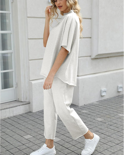 Women's 2-Piece Lounge Set – 3/4 Batwing Sleeve Capelet Top & Wide-Leg Pants